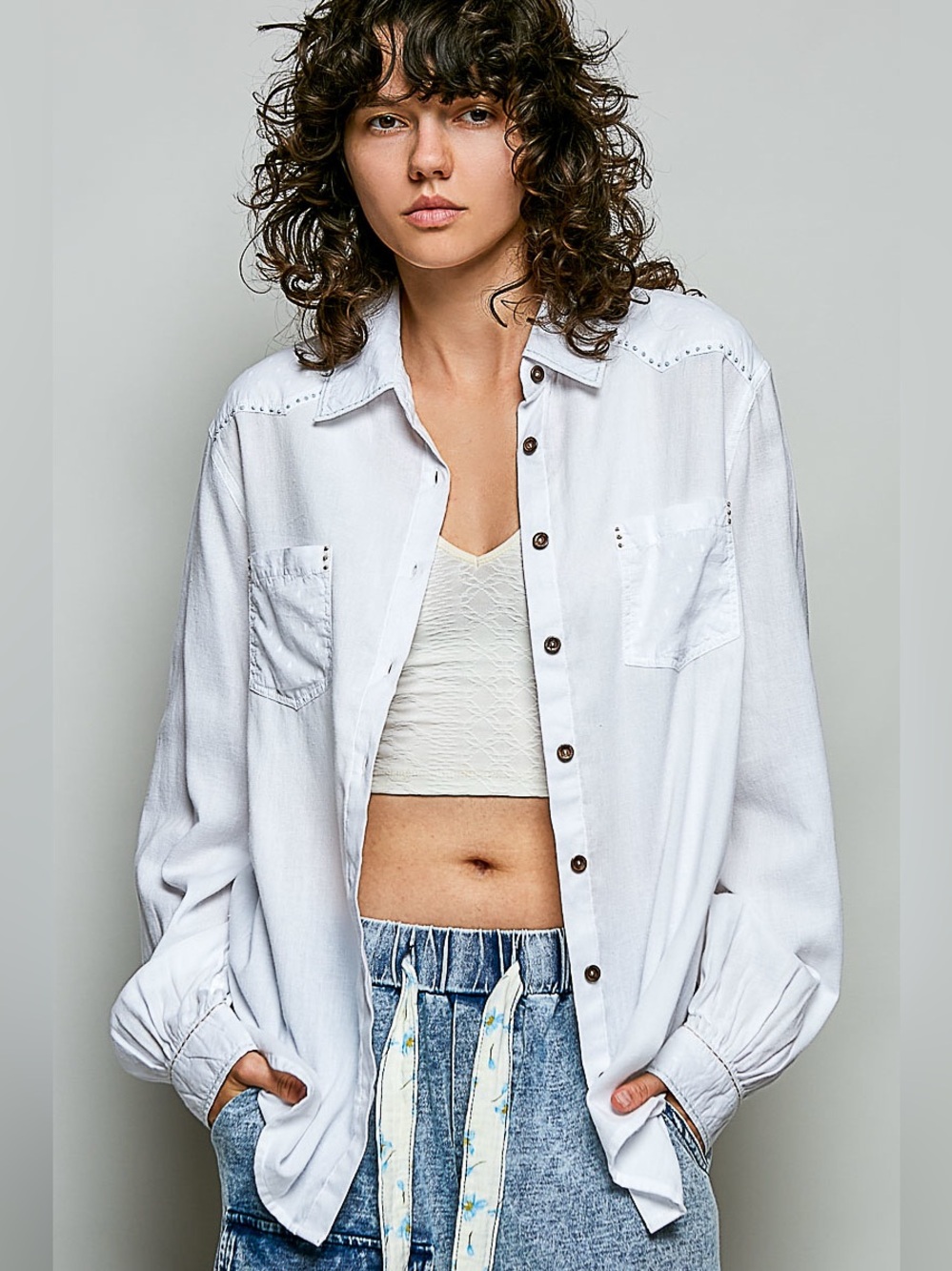 POL Washed Textured Cotton Western Button Front Shirt